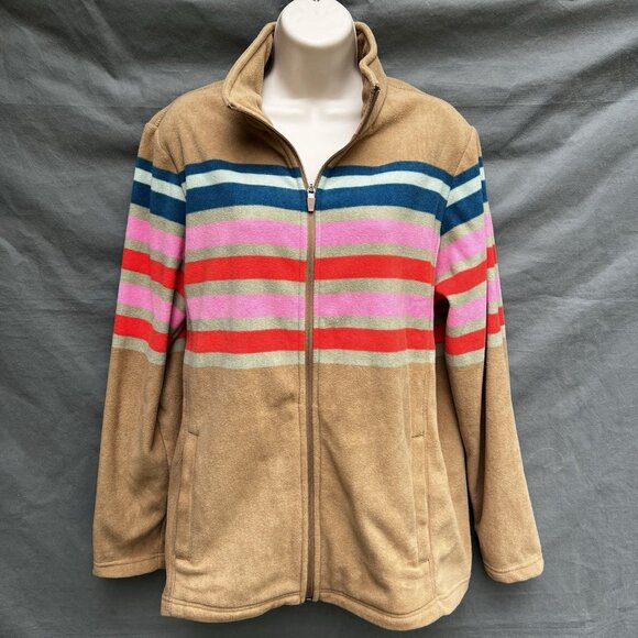 Land's End Brown Striped Fleece Jacket Women's Size Large - Picture 1 of 5